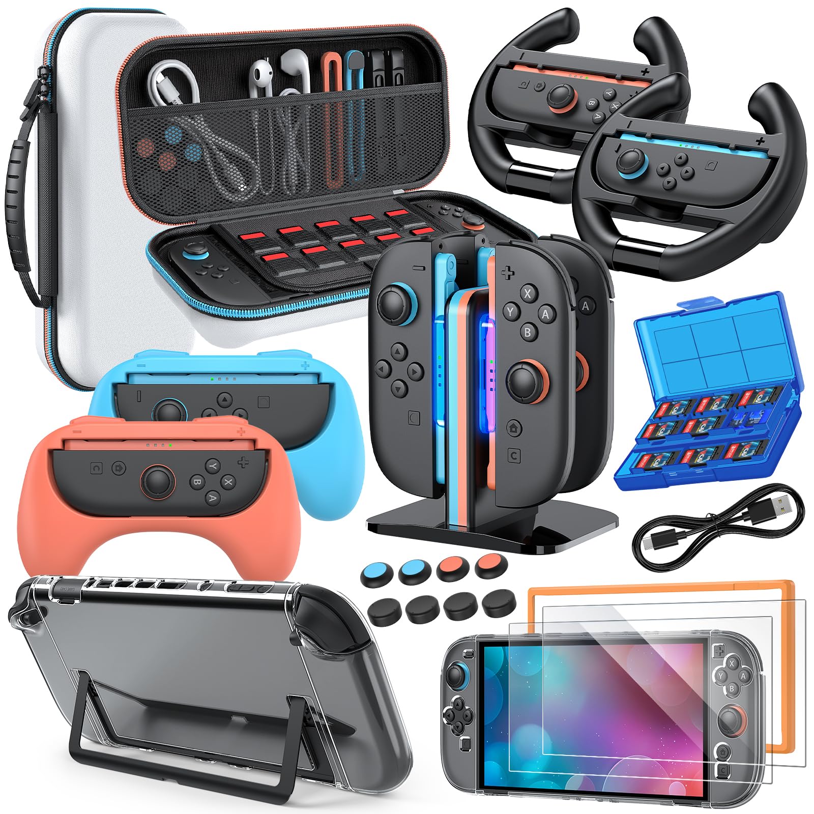 Switch 2 Accessories  Bundle Case for Nintendo Switch 2 (2025)  MENEEA 20-IN-1 Kits: Carrying Case  Controller Charger Dock  Grips for Joy Con Steering Wheels for Mario Kart Protective Cover for Controller Console for Switch 2 (White)