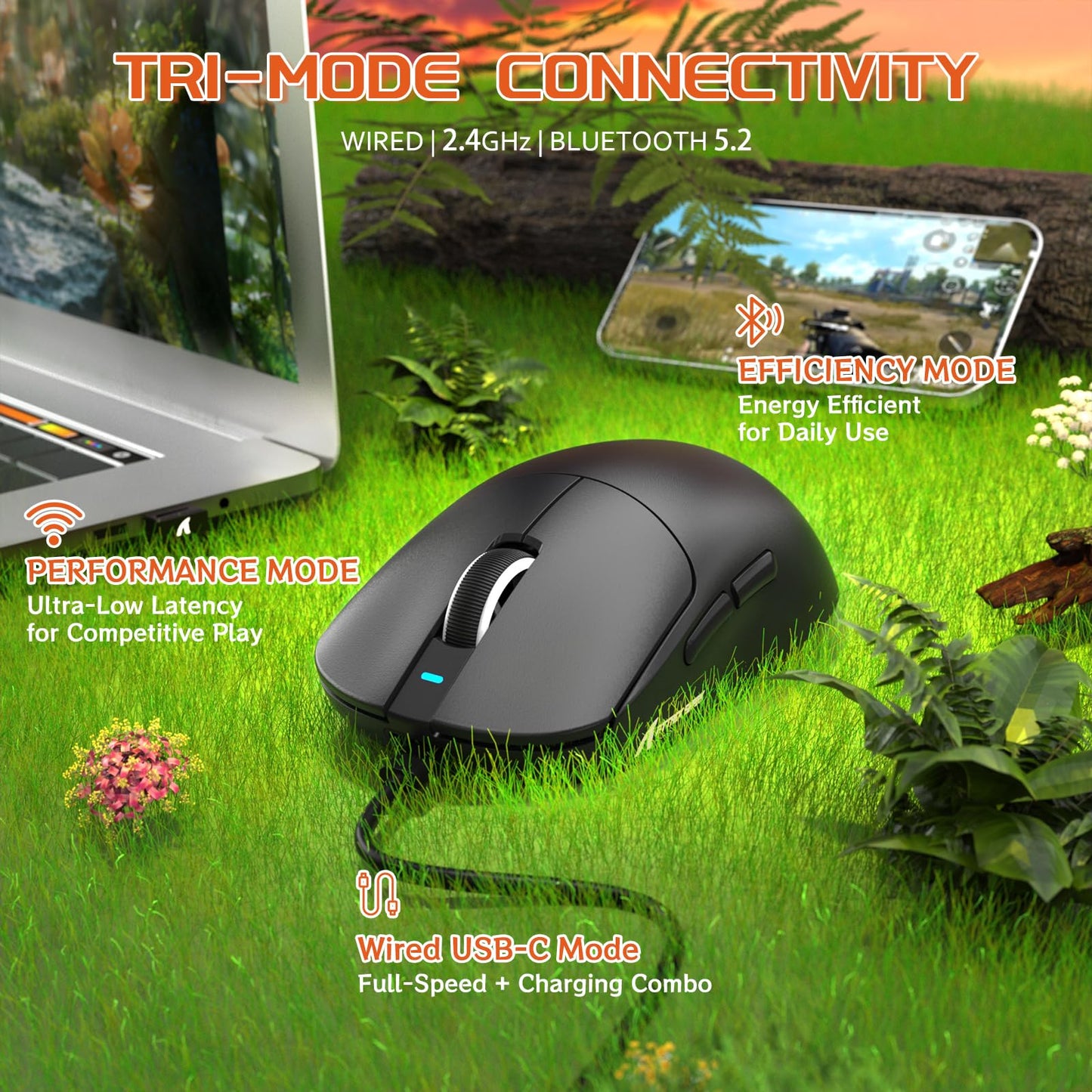 MAMBASNAKE X8 Plus Wireless Gaming Mouse - Tri-Mode, 40000 DPI, 150h Battery Life, 5 Programmable Buttons, Black