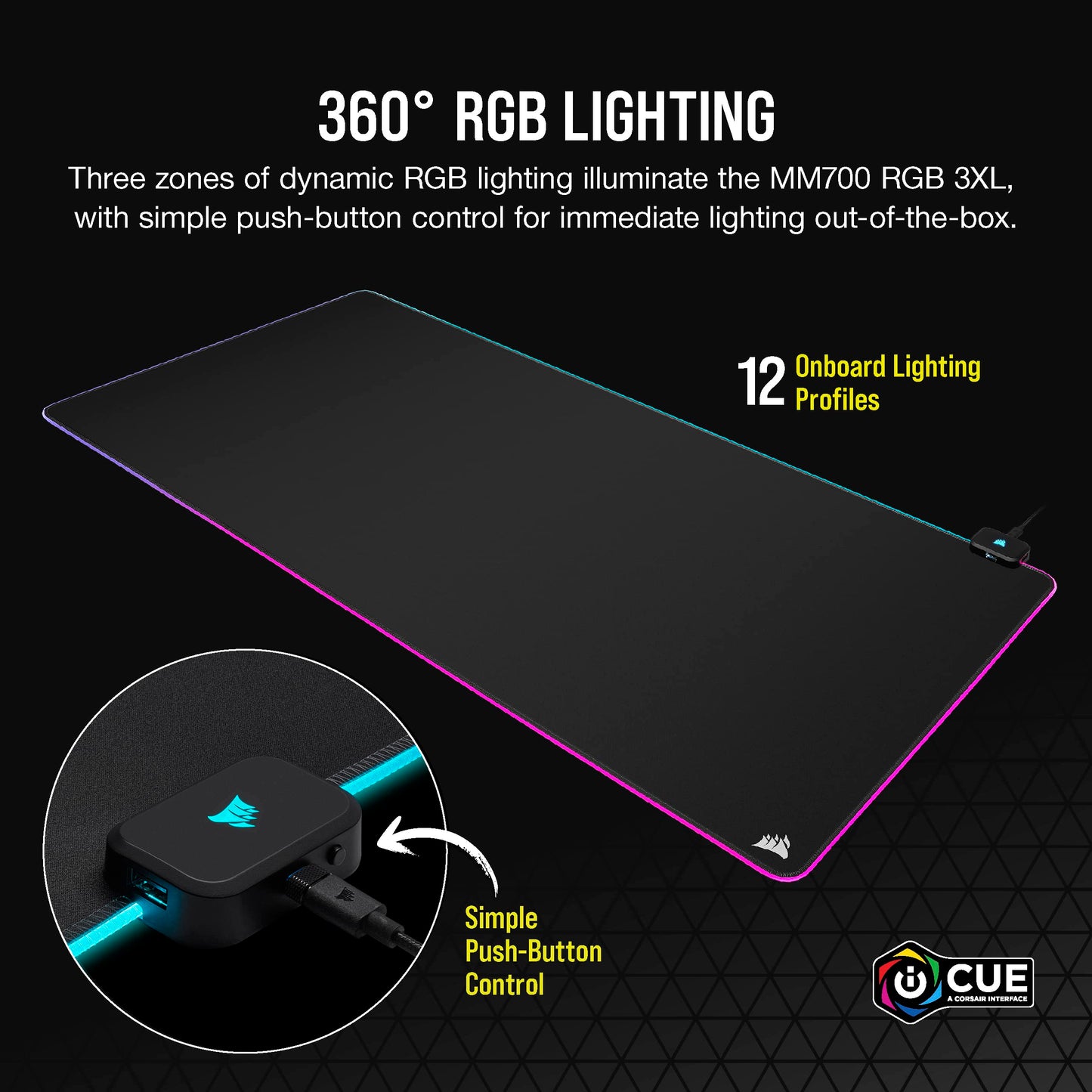 Corsair MM700 RGB Extended 3XL Gaming Mouse Pad - 1,220mm x 610mm, Black, Three-Zone RGB Lighting, Model CH-9417080-WW