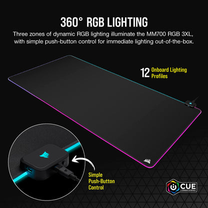 Corsair MM700 RGB Extended 3XL Gaming Mouse Pad - 1,220mm x 610mm, Black, Three-Zone RGB Lighting, Model CH-9417080-WW