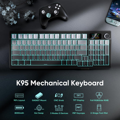RedThunder K95 Wireless Mechanical Keyboard - TFT Screen, RGB Backlit, Gasket Hot-Swap, Gradient Gray, Pre-lubed Linear Switches