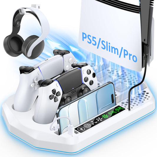 Cooling Station for PS5 with Dual Controller Charger Compatible with Playstation 5/Slim/Pro Console  PS5 Cooling Stand Station Vertical & 3 Level Cooler Fan  Controller Charging Dock  RGB Light