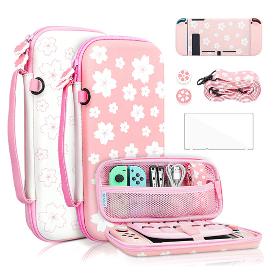 FANPL Cute Carrying Case Bundle for Nintendo Switch  Pink Switch Accessories Kit with Hard Travel Case  Soft TPU Cover  Adjustable Strap  Screen Protector  Thumb Grip Caps  Pink White Sakura for Girl