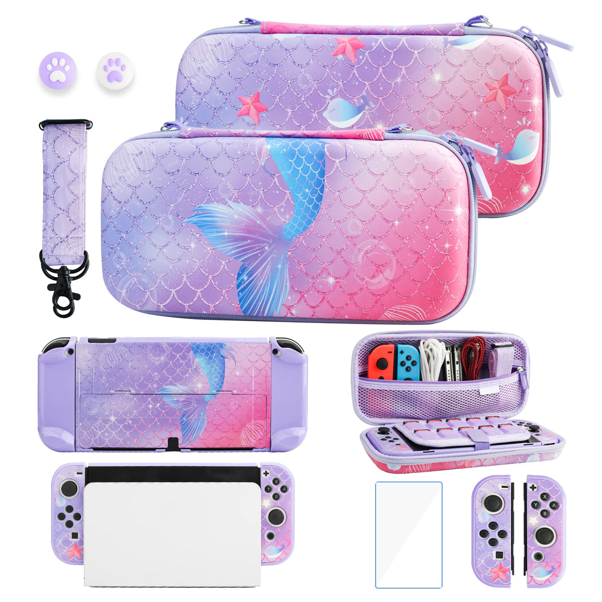 GLDRAM Purple Carrying Case Compatible with Nintendo Switch OLED  Cute Accessories Kit with Tpartyl Case  Switch OLED Protective Shell  Screen Protector  Thumb Caps & Shoulder Strap