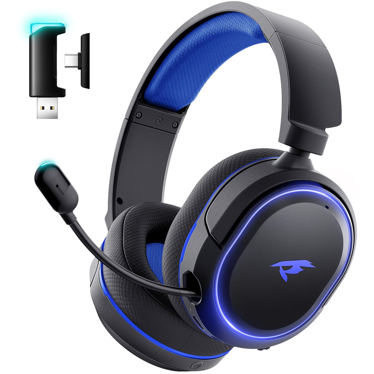 Wireless Gaming Headset  7.1 Surround Sound  2.4GHz USB Gaming Headphones with Bluetooth 5.4  100H Battery  ENC Noise Canceling Mic  RGB Light  Wireless Headset for PC PS5 PS4 Mac Switch (Black-Blue)