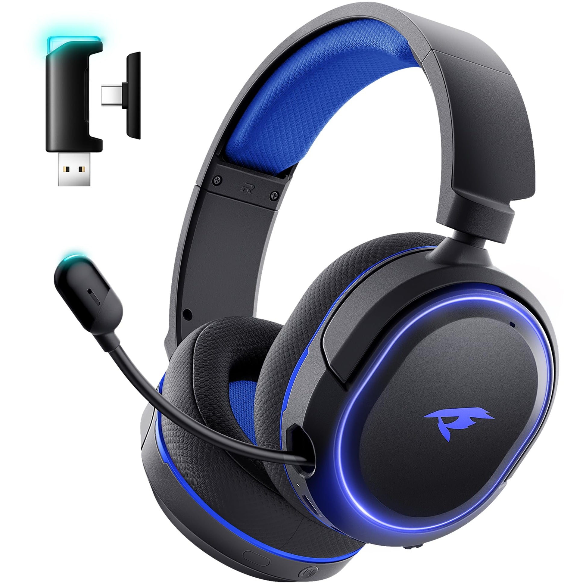 Wireless Gaming Headset  7.1 Surround Sound  2.4GHz USB Gaming Headphones with Bluetooth 5.4  100H Battery  ENC Noise Canceling Mic  RGB Light  Wireless Headset for PC PS5 PS4 Mac Switch (Black-Blue)