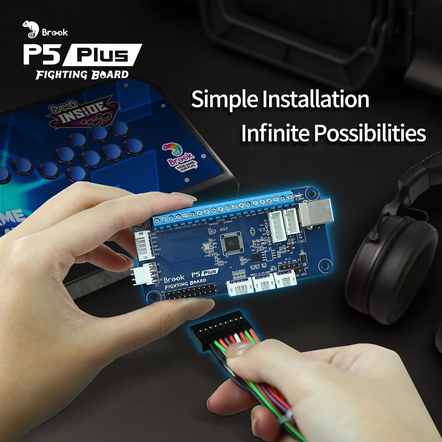 Brook P5 Plus Fighting Board - Pre-Installed Header, Lightning-Quick Response for PS5, PS4, PS3, NS & PC (X-Input) Consoles