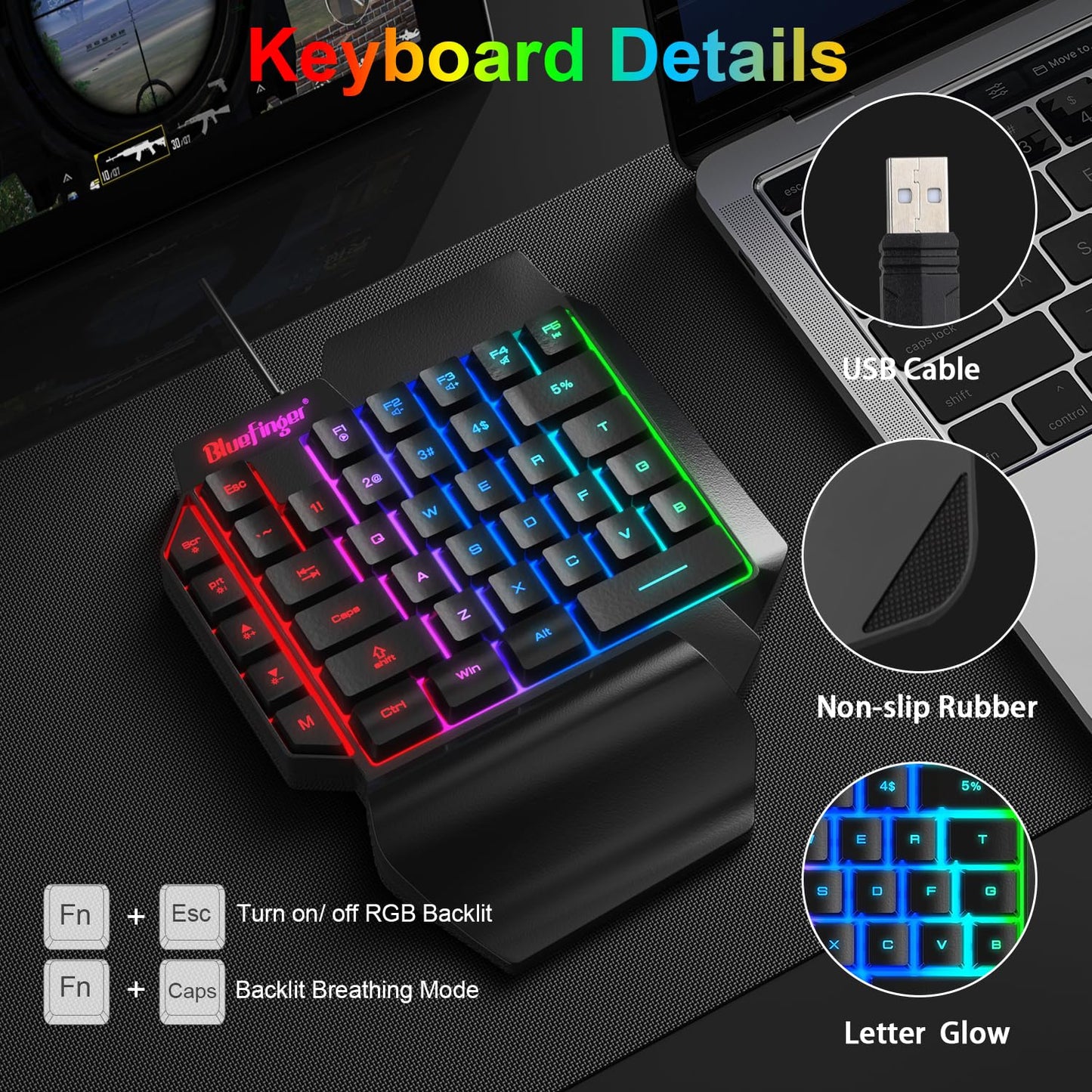 BlueFinger One Hand RGB Gaming Keyboard - USB Wired, Backlit, Ergonomic Design with Wrist Rest, Rainbow Letters Glow