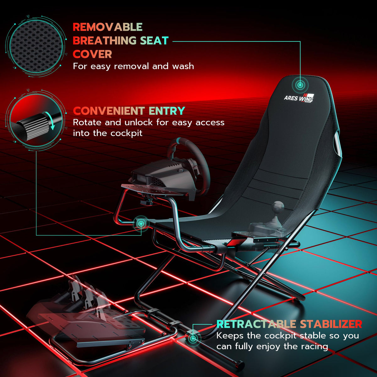 ARES WING Racing Simulator Cockpit with Seat, Foldable Design, 30" x 40" x 50", Black, Compatible with PS5, PS4, Xbox, PC, Model G