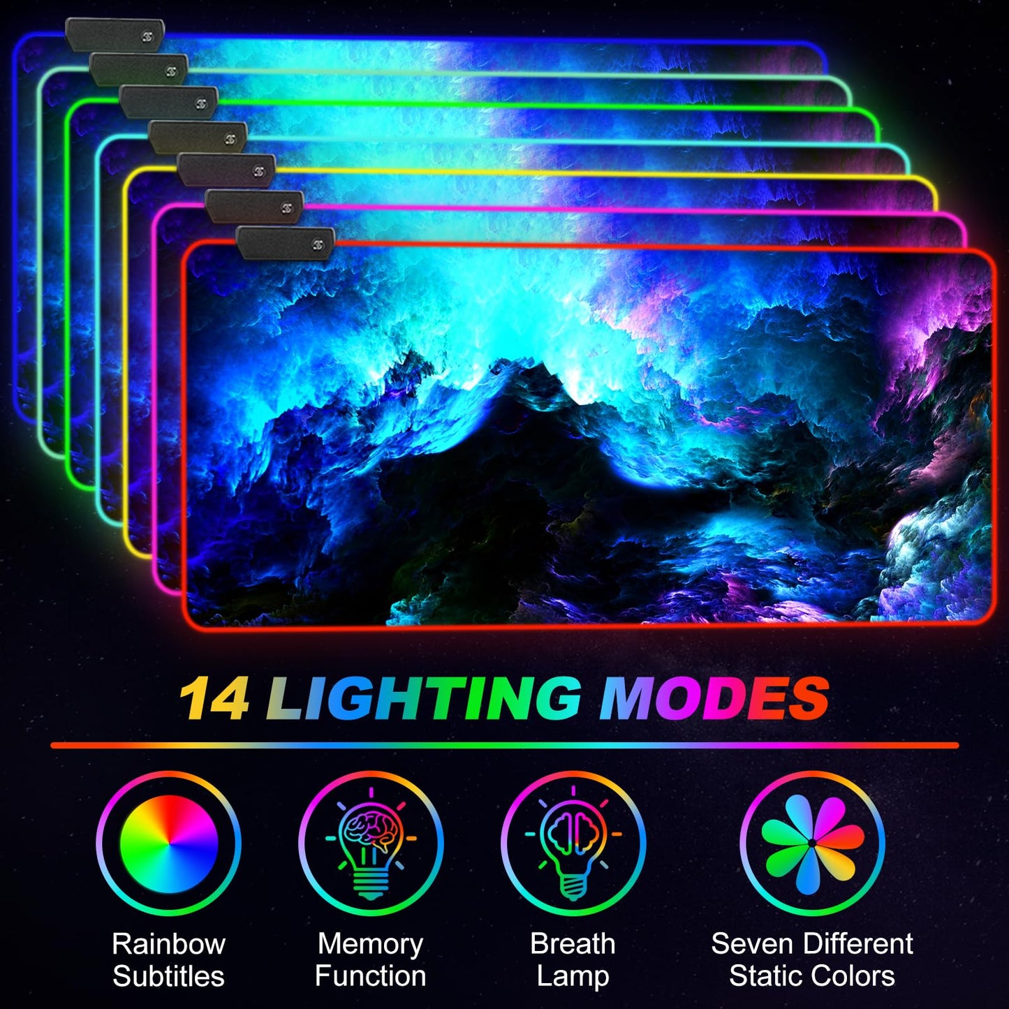 ARTSO RGB Gaming Mouse Pad XXL 35.4x15.7 inch, 14 Lighting Modes, Non-Slip Rubber Base, Fantasy Nebula Sky