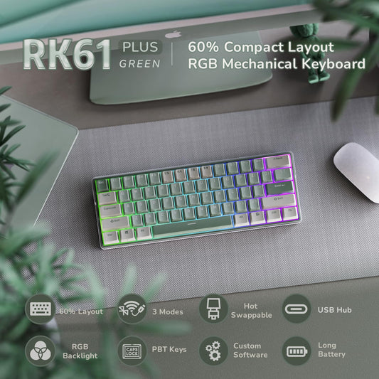 RK ROYAL KLUDGE RK61 Plus 60% Wireless Mechanical Keyboard, Tactile Pale Green Switches, RGB, USB Hub, Bluetooth/2.4Ghz for PC/Mac/