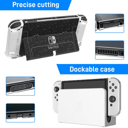 RHOTALL 3 in 1 Glitter Clear Case for Nintendo Switch OLED - Dockable, Shock-Absorbent, Anti-Scratch, Comfort Grip Shell