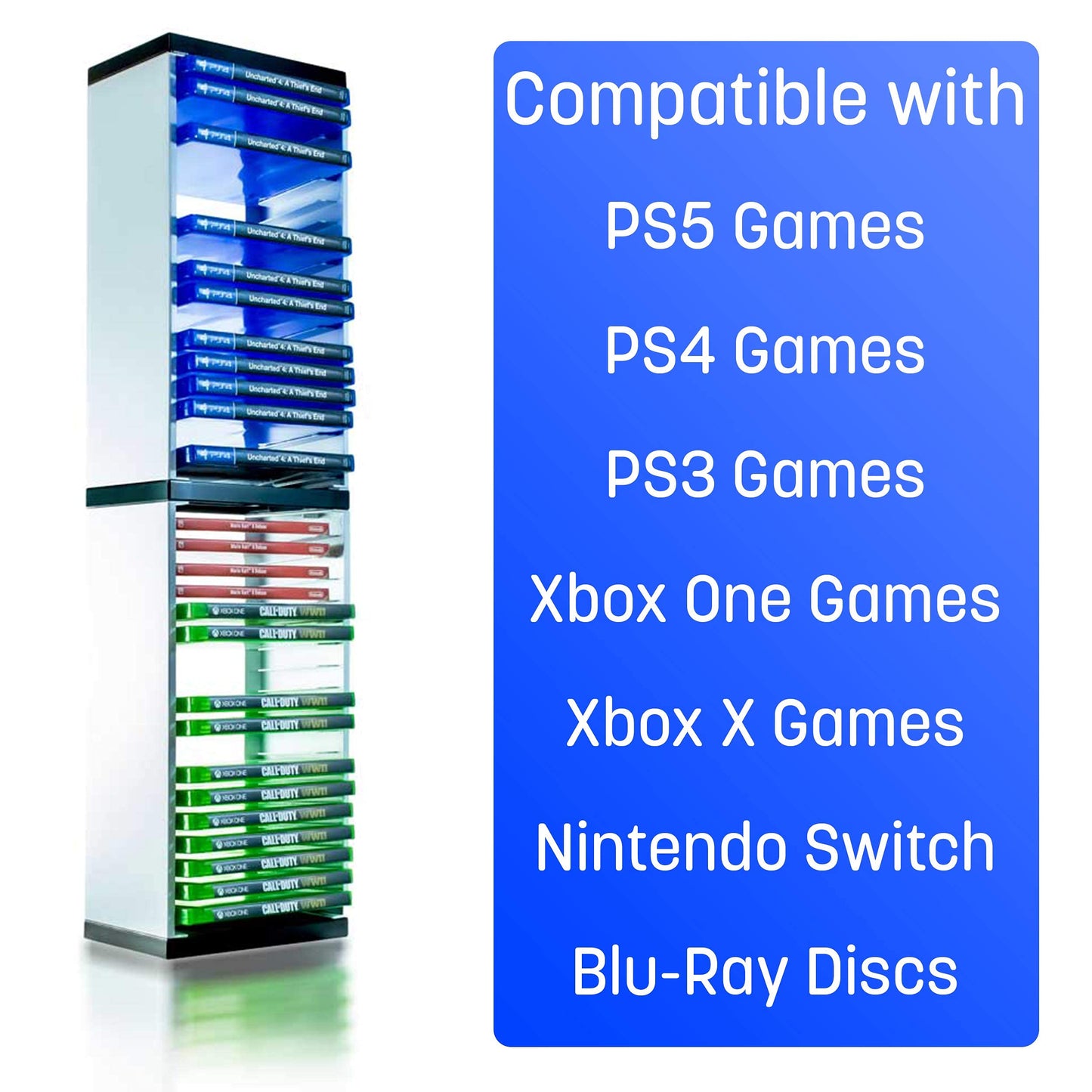 ADZ Game Storage Tower - Holds 36 PS4, PS5, Xbox Games & Blu-Rays - White - Model ADZPS5-003