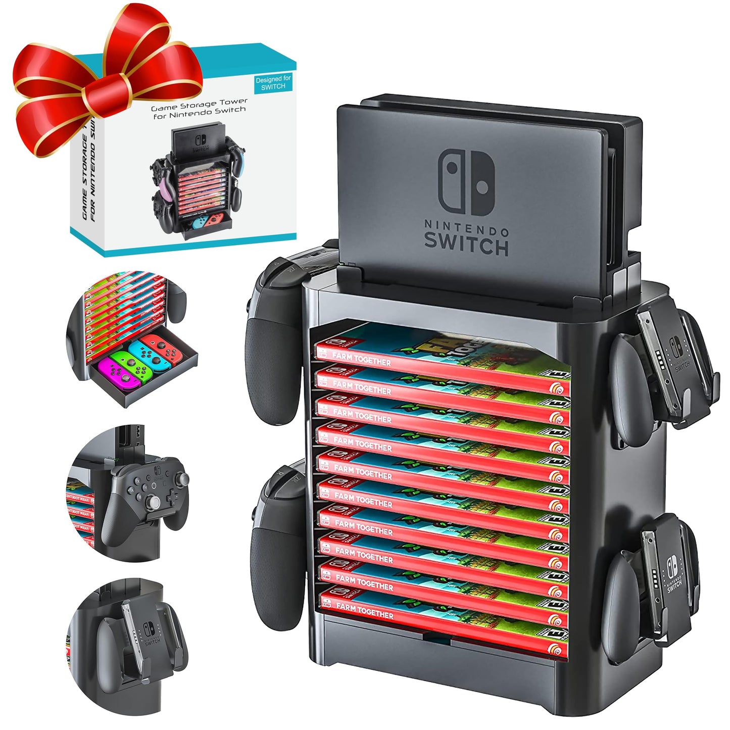 Skywin- Game Storage Tower Compatible With Nintendo Switch  Nintendo Switch Stand Holder  Game Disk Rack  Controller Organizer  Switch Holder Stand for Gamers (Black)
