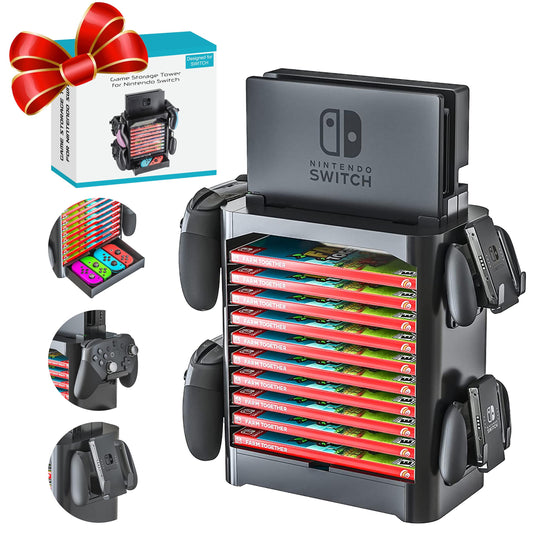 Skywin- Game Storage Tower Compatible With Nintendo Switch  Nintendo Switch Stand Holder  Game Disk Rack  Controller Organizer  Switch Holder Stand for Gamers (Black)