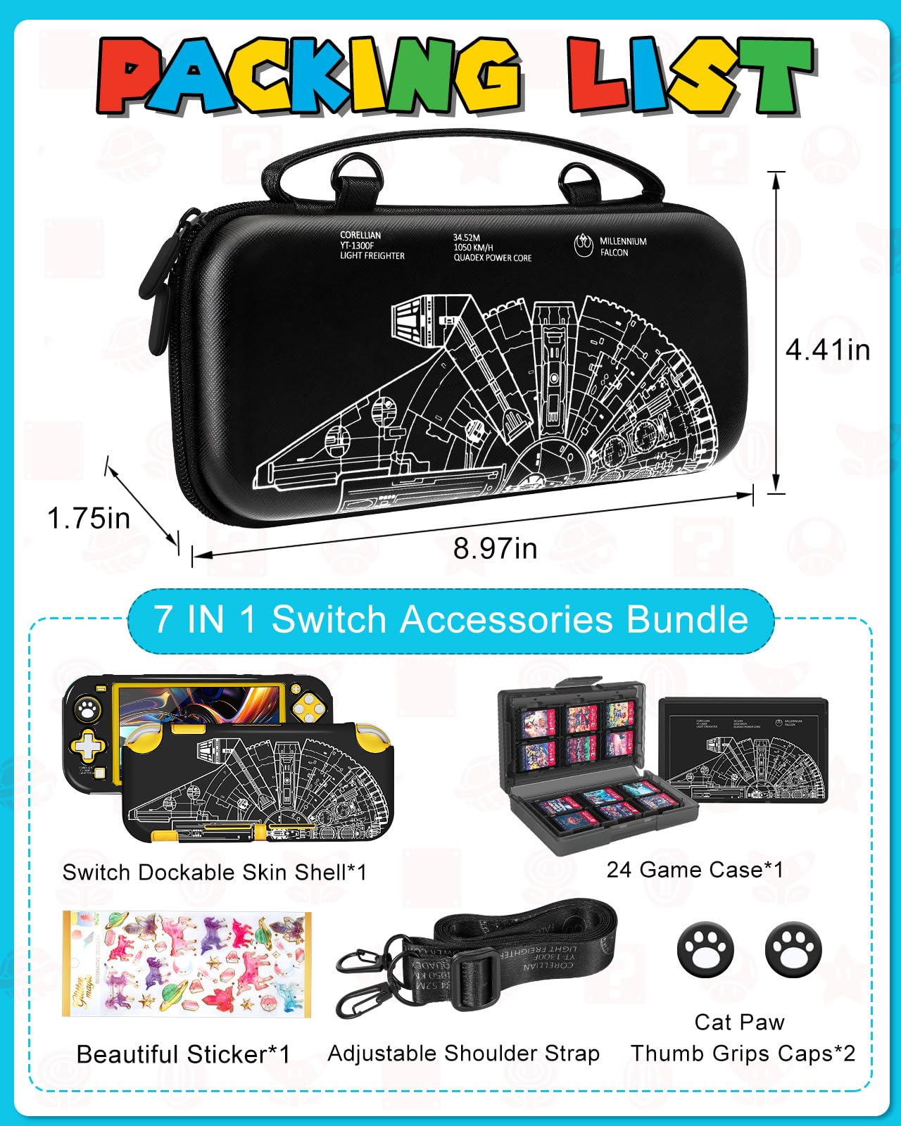 Gurgitat 7-in-1 Cool Ship Case for Nintendo Switch Lite - Black Star Warfare, Dockable, Includes Thumb Grips, Game Holder, Shoulder Strap