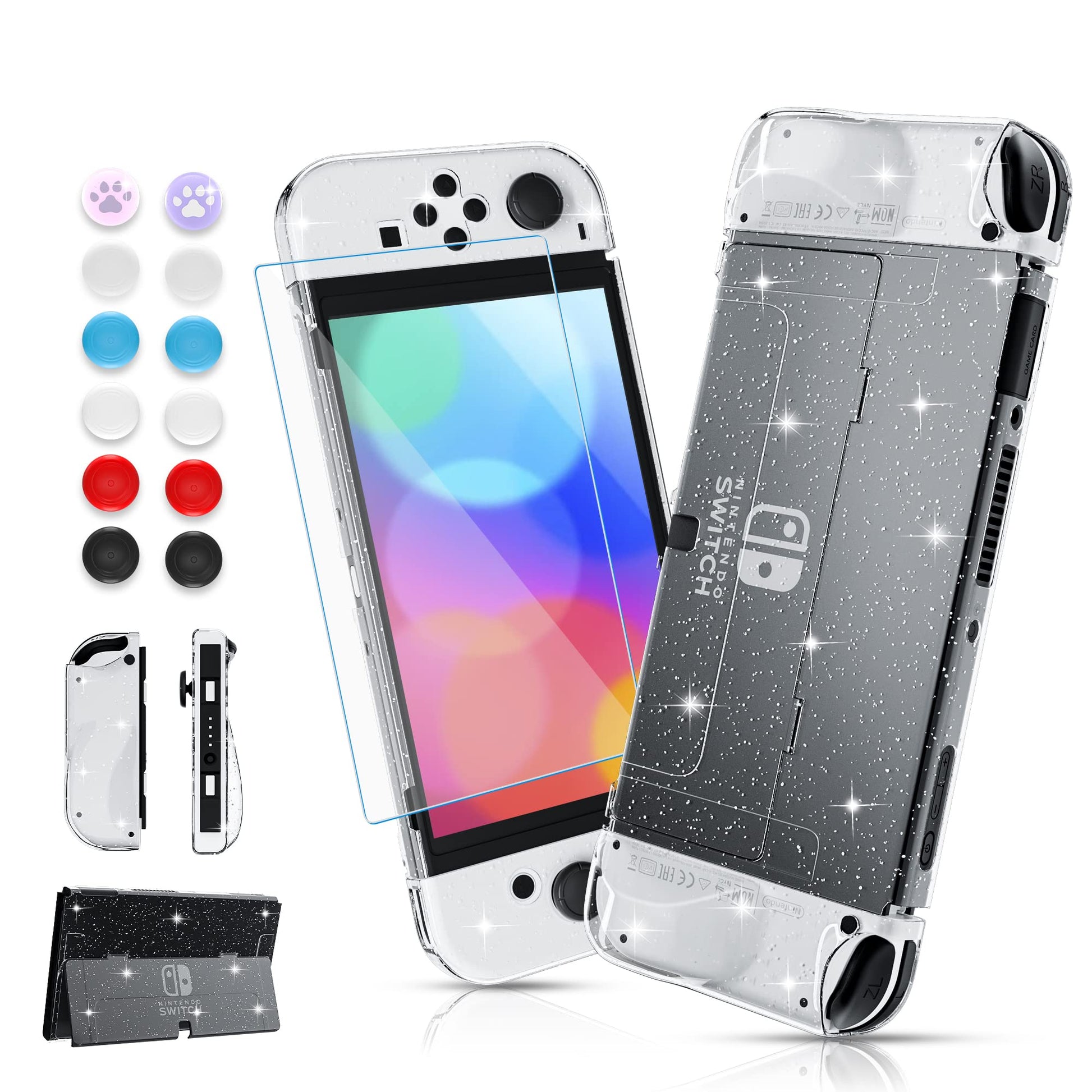 FUNDIARY Glitter Dockable Cover Case Compatible with Nintendo Switch OLED  Protective Shell for Switch OLED and Comfort Grip for Joy Con with Screen and 12 Thumb Caps - Glitter TPU Joy Con Case