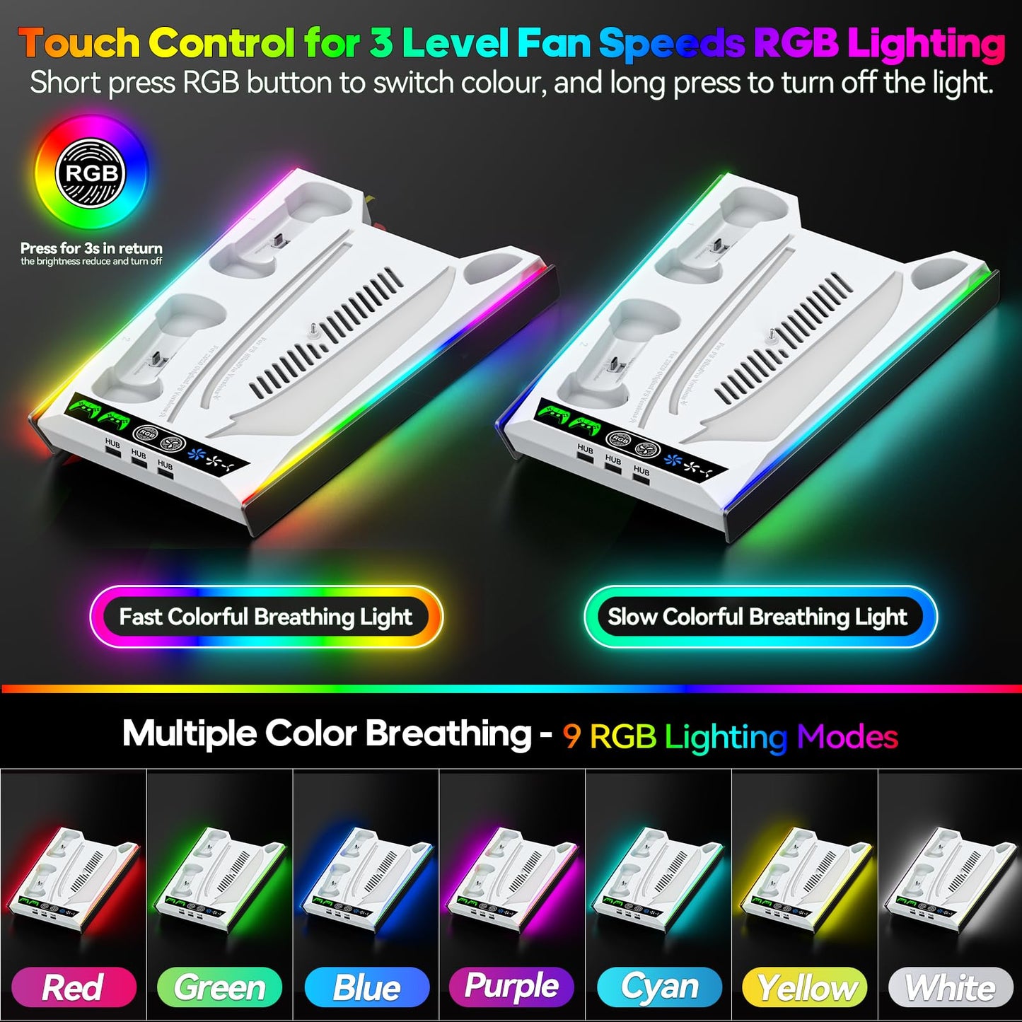 Rysker PS-5 Cooling Stand with RGB Lighting, Controller Charger & 3 USB Ports - Disc & Digital Version - White & Black