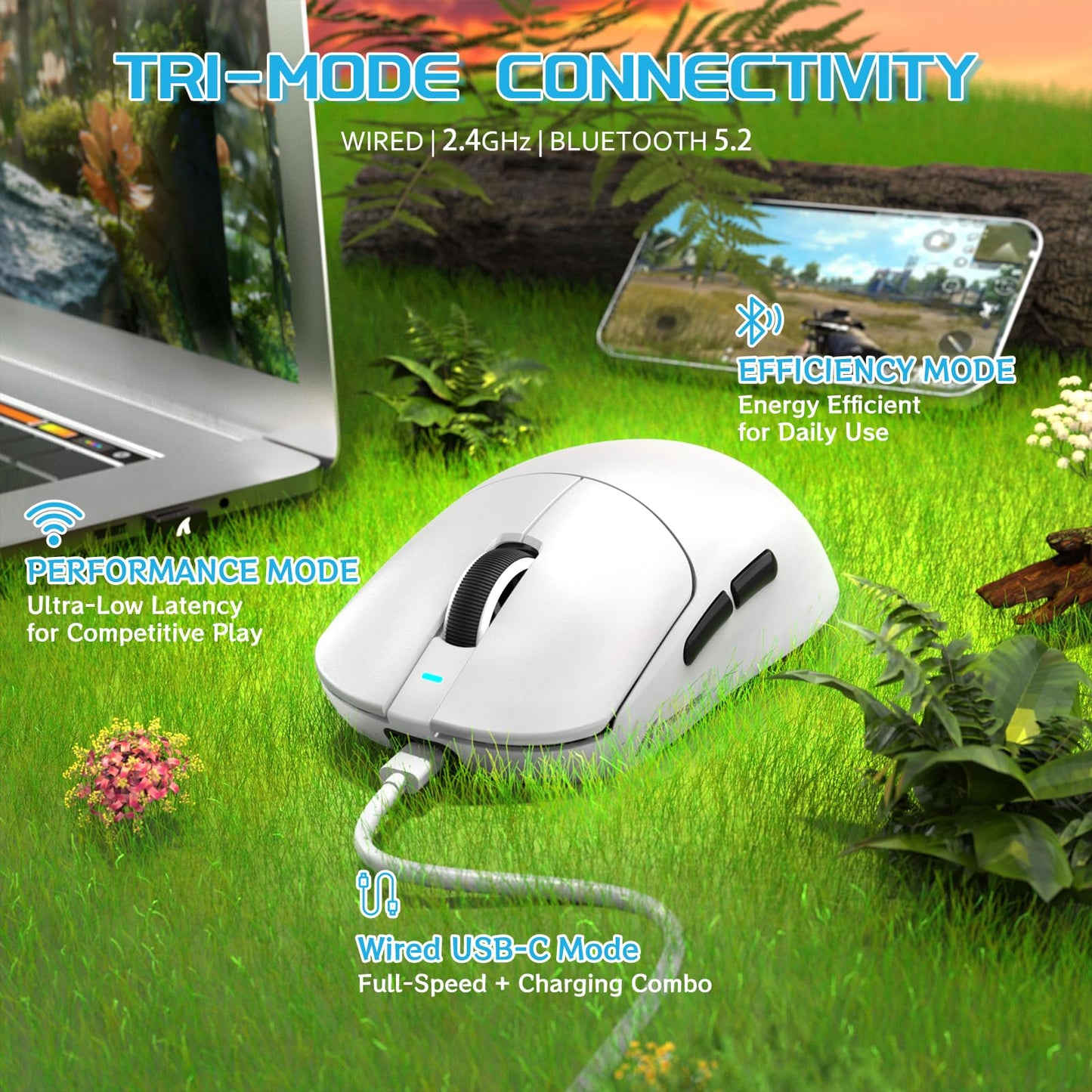 MAMBASNAKE X8 Plus Wireless Gaming Mouse - Tri-Mode, 40000 DPI, 150h Battery Life, White
