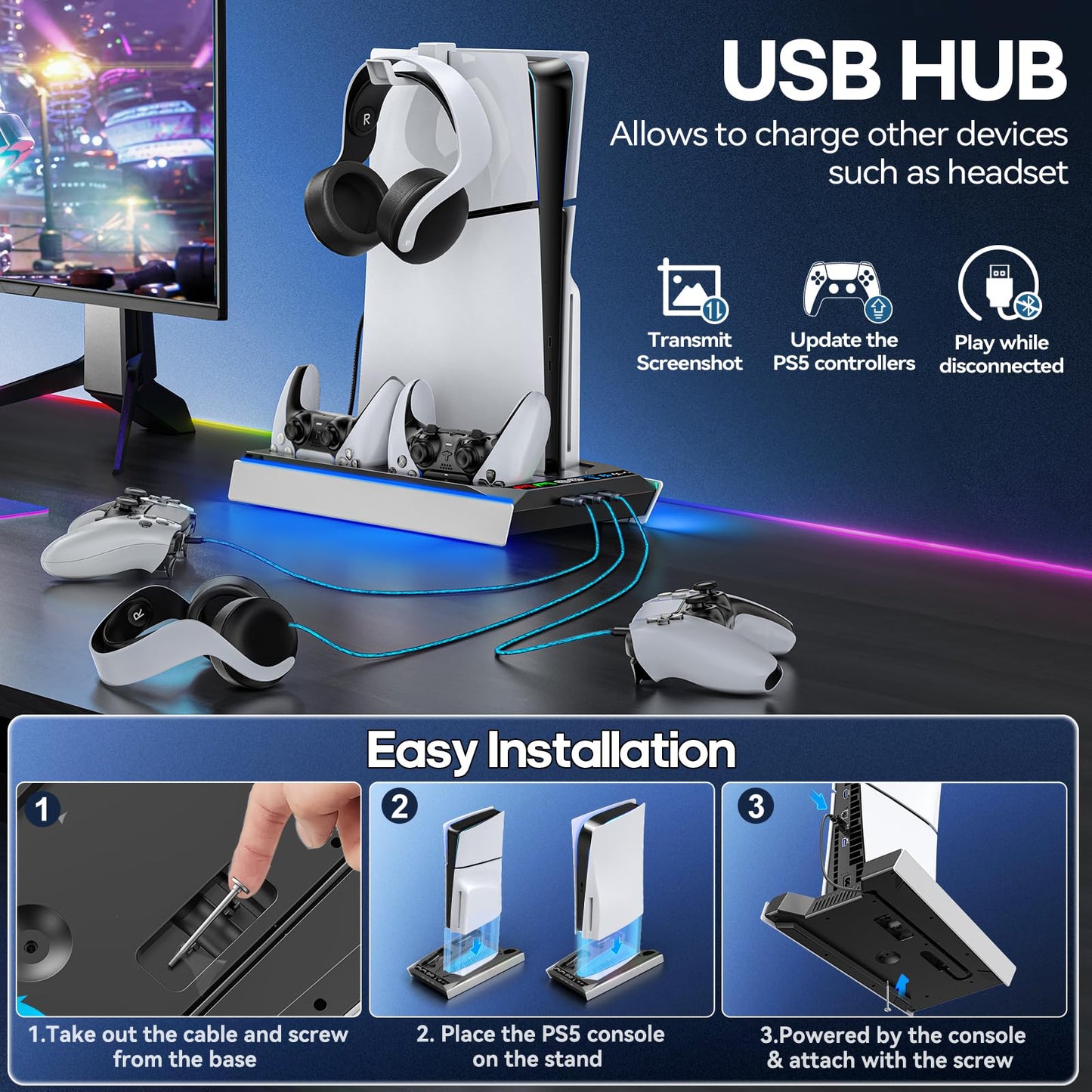 Kytok PS5 Cooling Station with Auto Turbofan & 3-Level Speeds, Black, Model NG-P5328