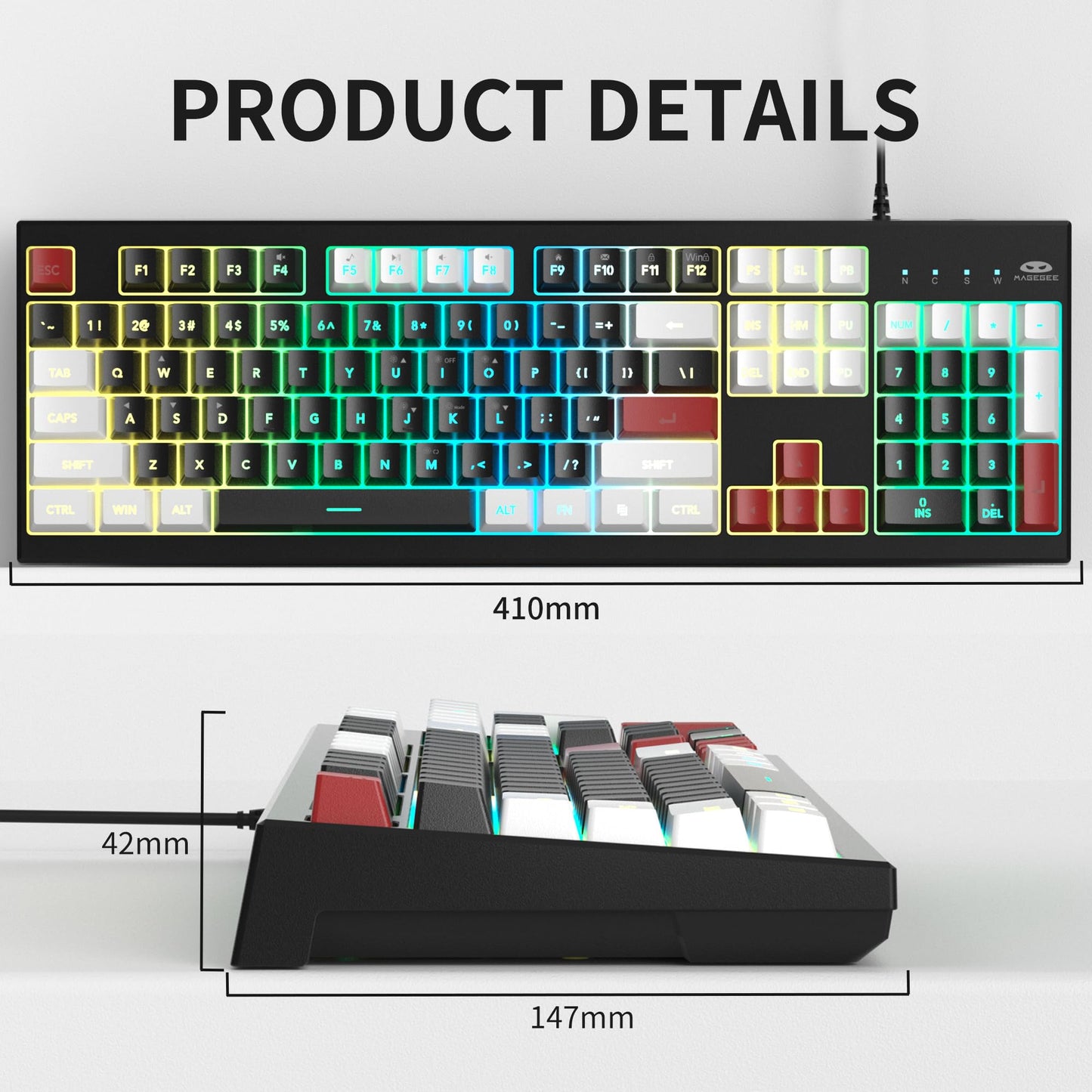 MageGee K2 Wired RGB Backlit Keyboard - 104 Keys Waterproof Ergonomic - Knight Red for PC/Laptop/MAC