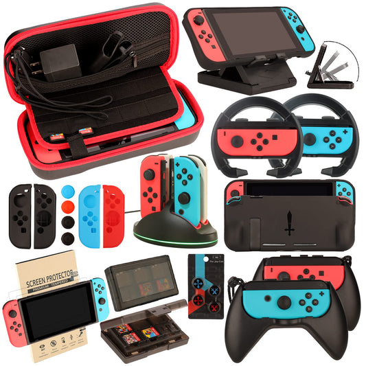 Switch Accessories Bundle for Nintendo Switch: Carrying Case  Screen Protector  Joycon Grips  Steering Wheels  Charging Dock  Playstand  Comfort Joy-Con Case and More (23 in 1)