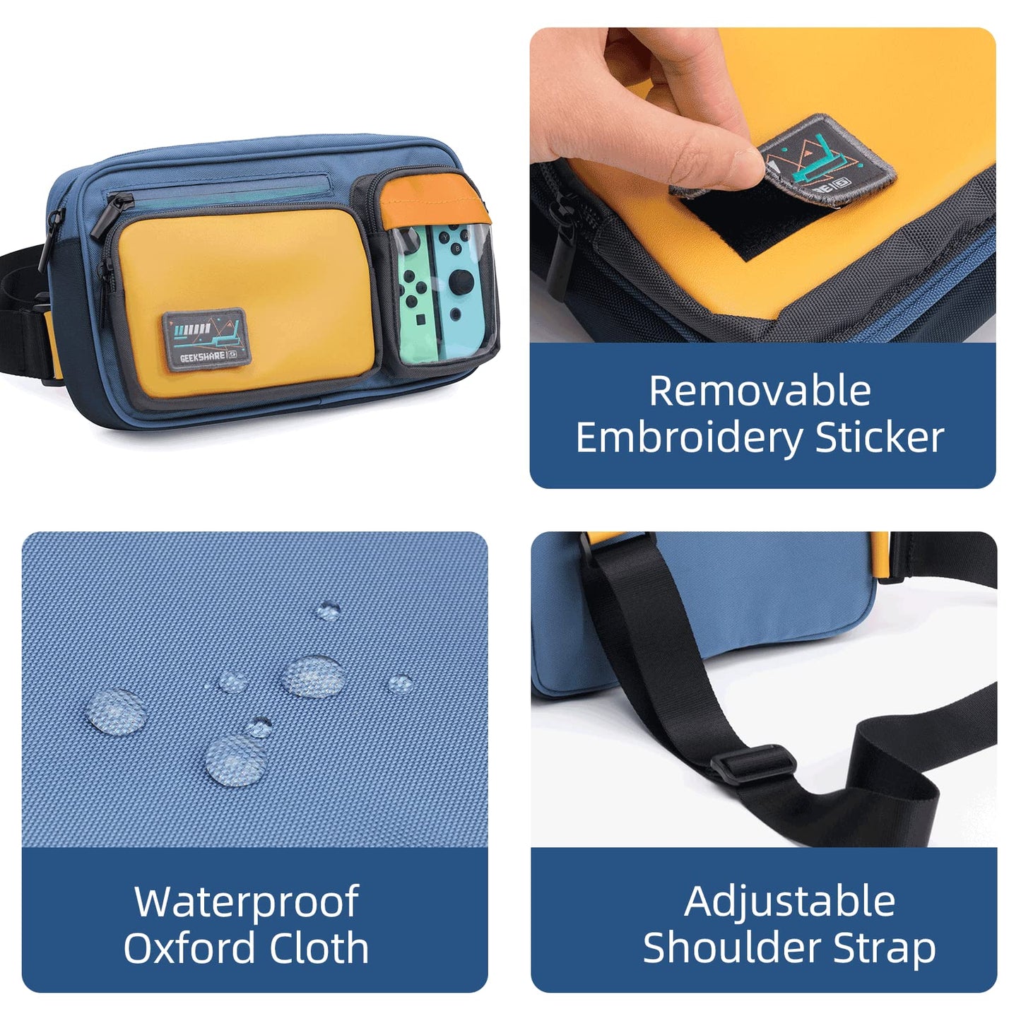 GeekShare Switch Carrying Case - Large Capacity Nylon Messenger Bag, Blue & Yellow, Compatible with Nintendo Switch & Switch OLED