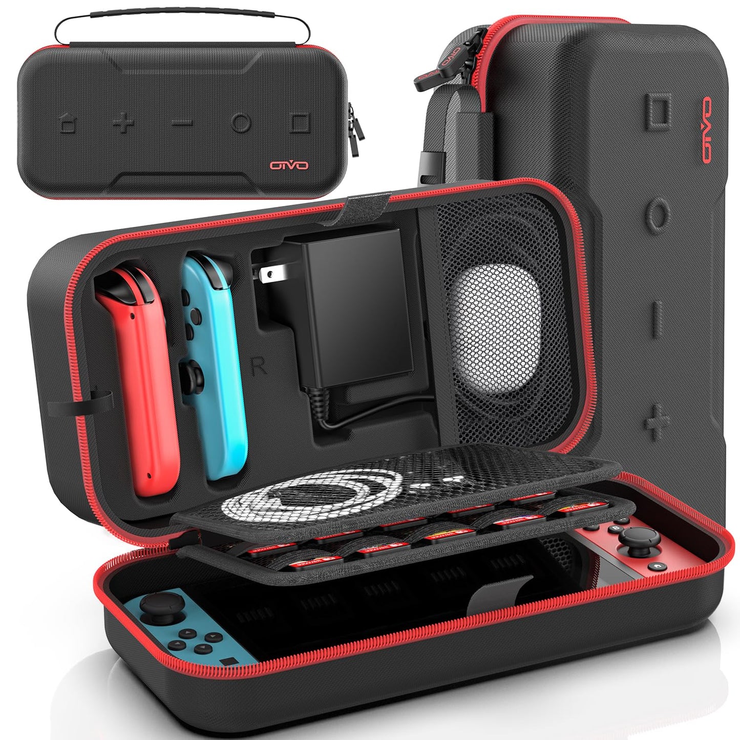 Switch Carrying Case Compatible with Nintendo & OLED  Portable Switch Travel Carry Case Fit for Joy-Con and Adapter  Hard Shell Protective OLED Pouch Bag with 20 Games  Red