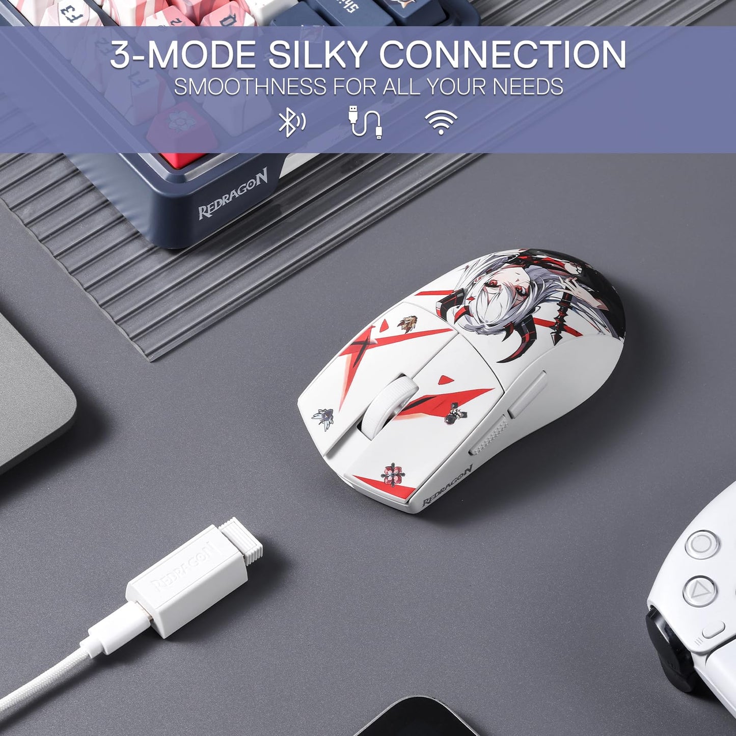 Redragon M916AK PRO Anime Gaming Mouse - 42G Ultra-Light, 26K DPI, Ergonomic Grip, Programmable Buttons, WT-SE Color