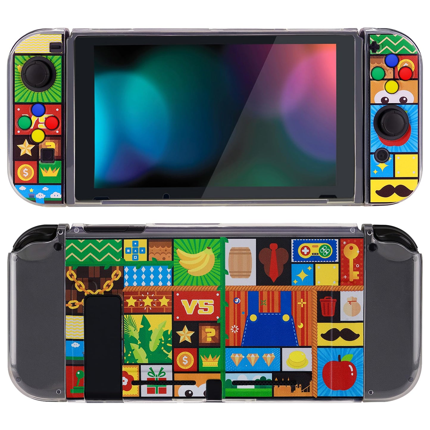 PlayVital Transparent Protective Case for Nintendo Switch  Soft TPU Slim Case Cover for Nintendo Switch Joycon Console with Colorful ABXY Direction Button Caps - Puzzle Adventure