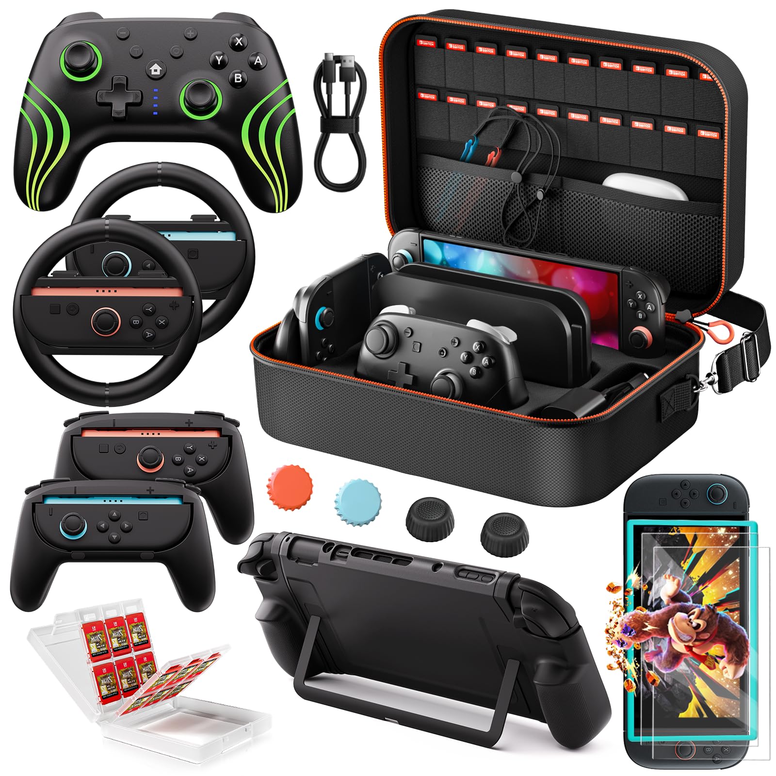 Switch 2 Pro Controller Accessories Bundle 15-in-1  All In One Carrying Case  Joycon Grip  Screen Protectors  Protective Case  Steering Wheels  Game Card Case Thumb Grips for Nintendo Switch 2 Console