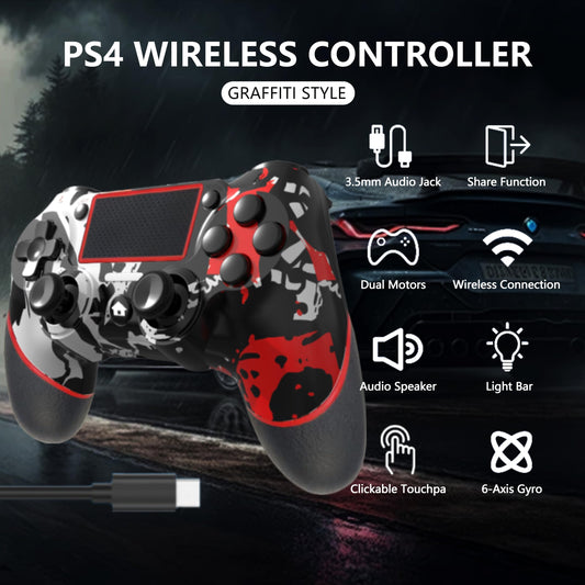 SZDILONG Wireless Controller for PS4/Pro/Slim/PC, Flame Red, with Touchpad, Headphone Jack, Motion Control, Charging Cable
