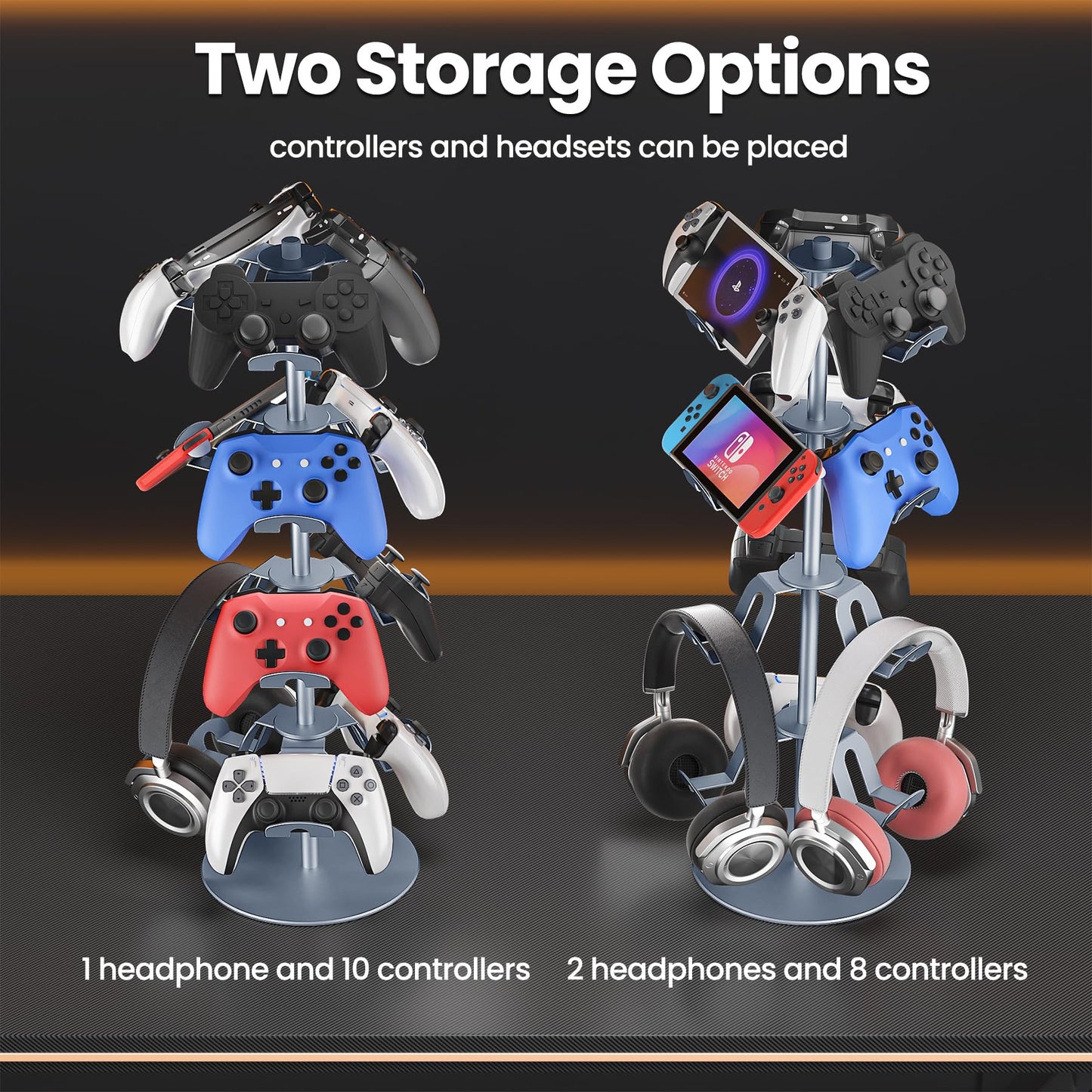 ZHGM 4 Tier Gaming Controller Stand, Rotatable Headset Holder for PS5, Xbox, Switch, Grey, Model PS504