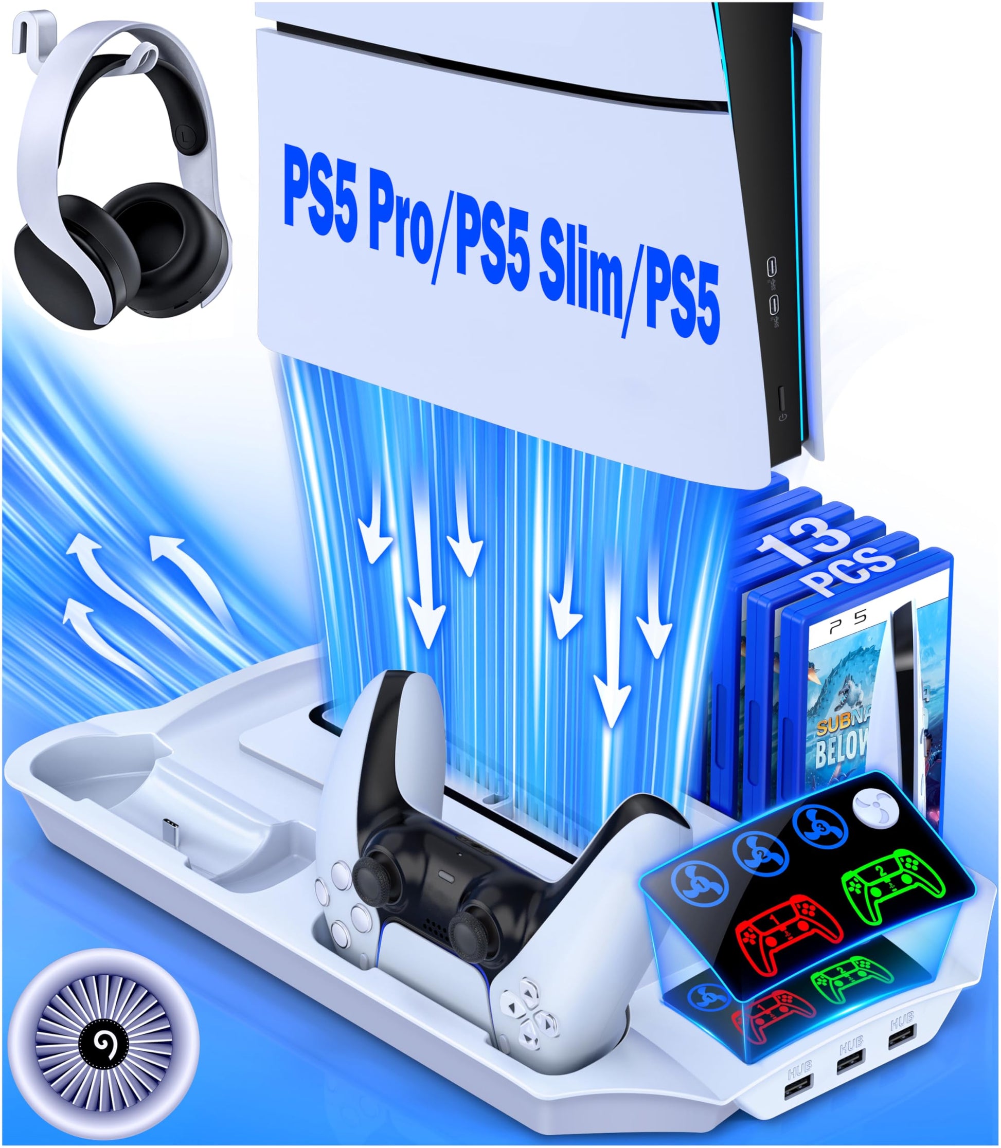 PS5 Pro/Slim/PS5 Stand and Cooling Station with Controller Charging Station for Playsation 5 Disc Digital Console  PS5 Accessories Incl. 3 Levels Cooling Fan  13 Game sections  3 USB HUB  Headset Holder