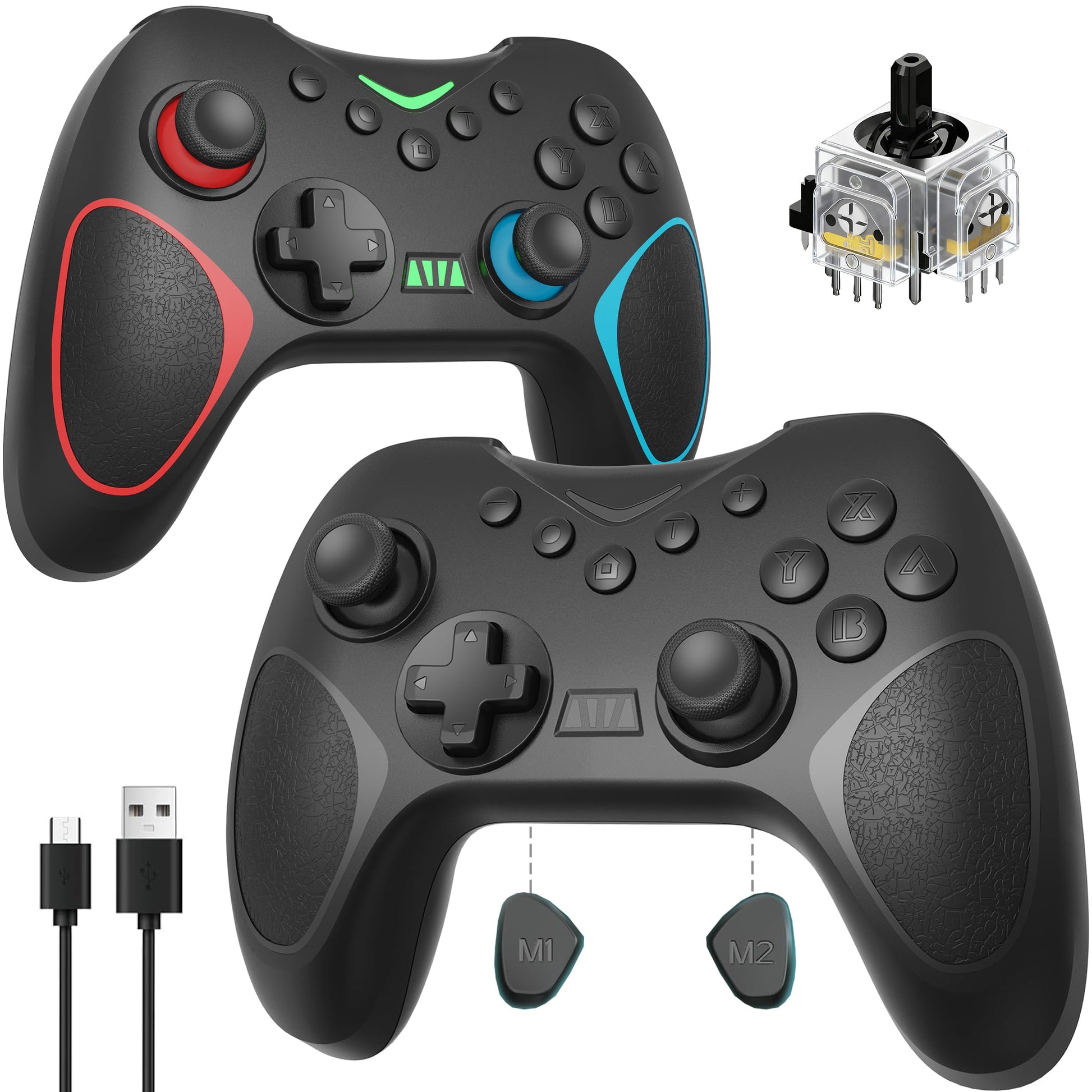 Playnex Wireless Controller for Nintendo Switch - 2 Pack, Hall Effect Joystick, RGB Lights, Turbo, Dual Vibration, Black with Red/Blue Accents