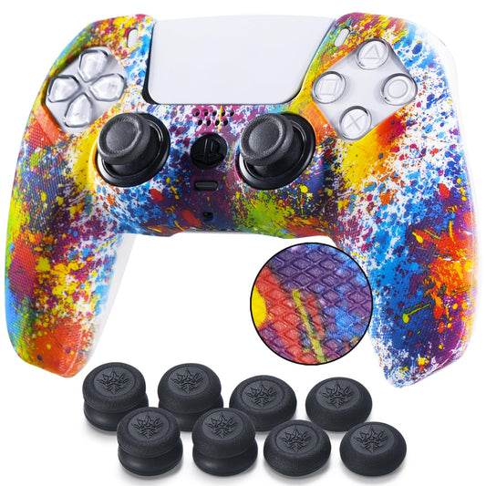 YoRHa Studded Printing Silicone Cover Skin Case for PS5 Controller x 1(Splashing Paint) with Pro Thumb Grips x 10