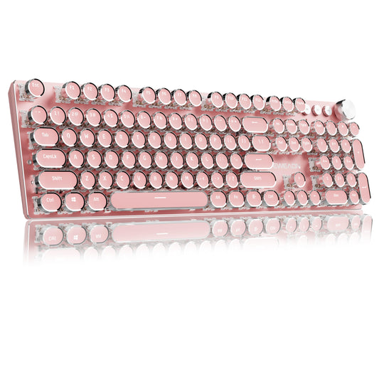 EWEADN V20 Typewriter Keyboard Wireless 104 Keys Typewriter Style Mechanical with White Backlit  Media Knob  White Switch 2.4G/Bluetooth/USB-C Retro Full Size Keyboard for Windows/Mac/PC-Dark Pink