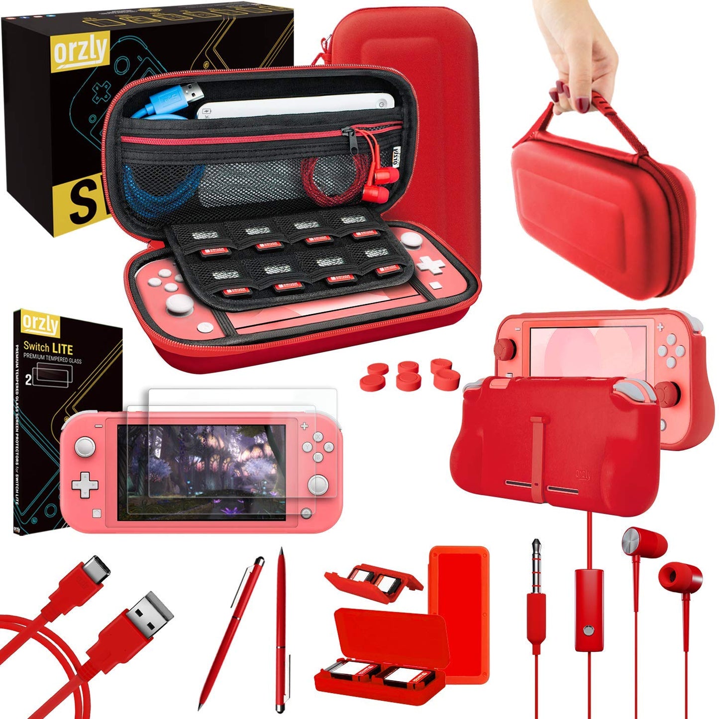 Orzly Switch Lite Accessories Bundle - Red Case, Screen Protector, USB Cable, Games Holder, Comfort Grip, Headphones - Model ORZACCPACK2NSWLITERED