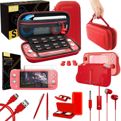 Orzly Switch Lite Accessories Bundle - Red Case, Screen Protector, USB Cable, Games Holder, Comfort Grip, Headphones - Model ORZACCPACK2NSWLITERED