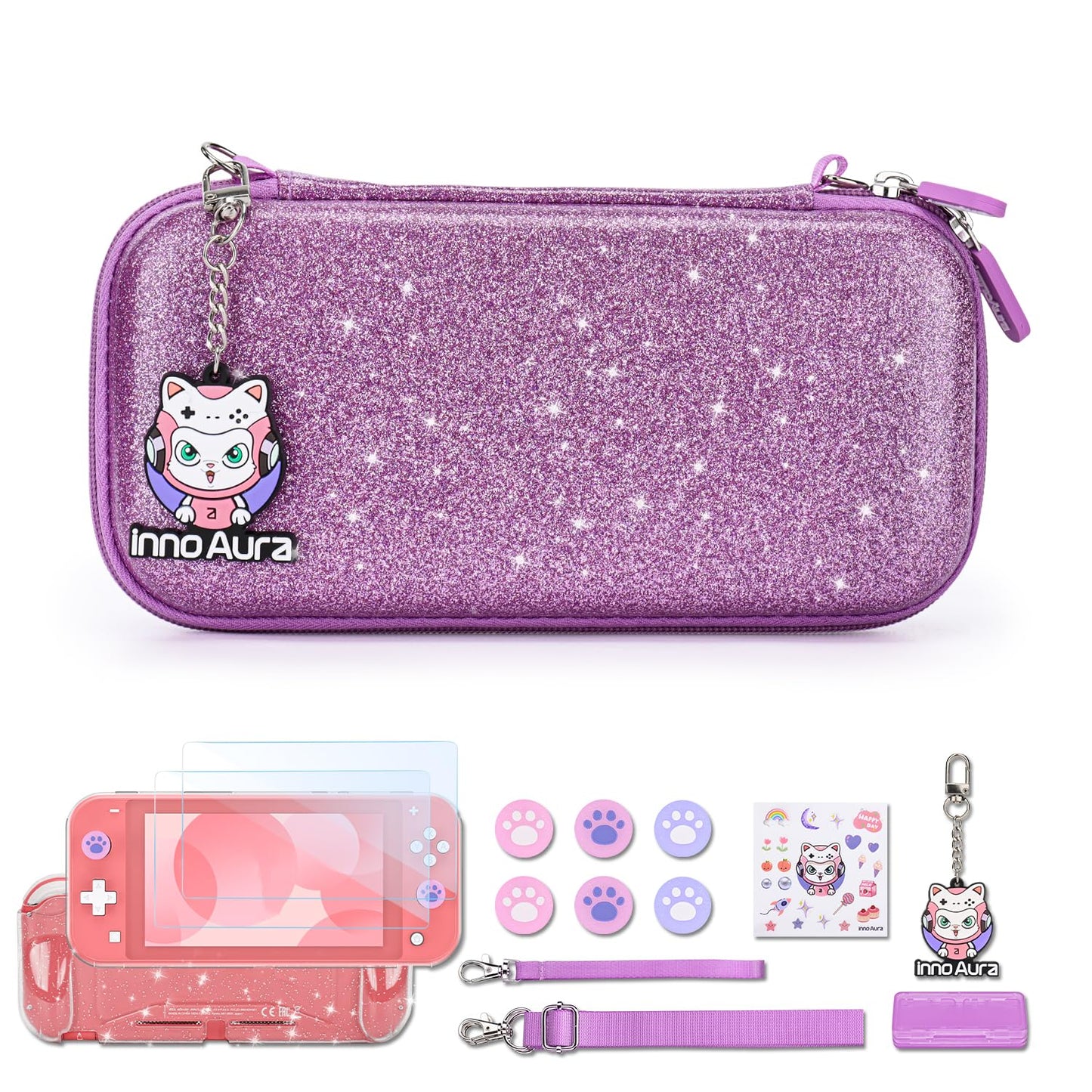 innoAura Switch Lite Case  15-in-1 Accessories Set with Carrying Case  Screen Protector  Cat Thumb Caps (Glitter Purple)