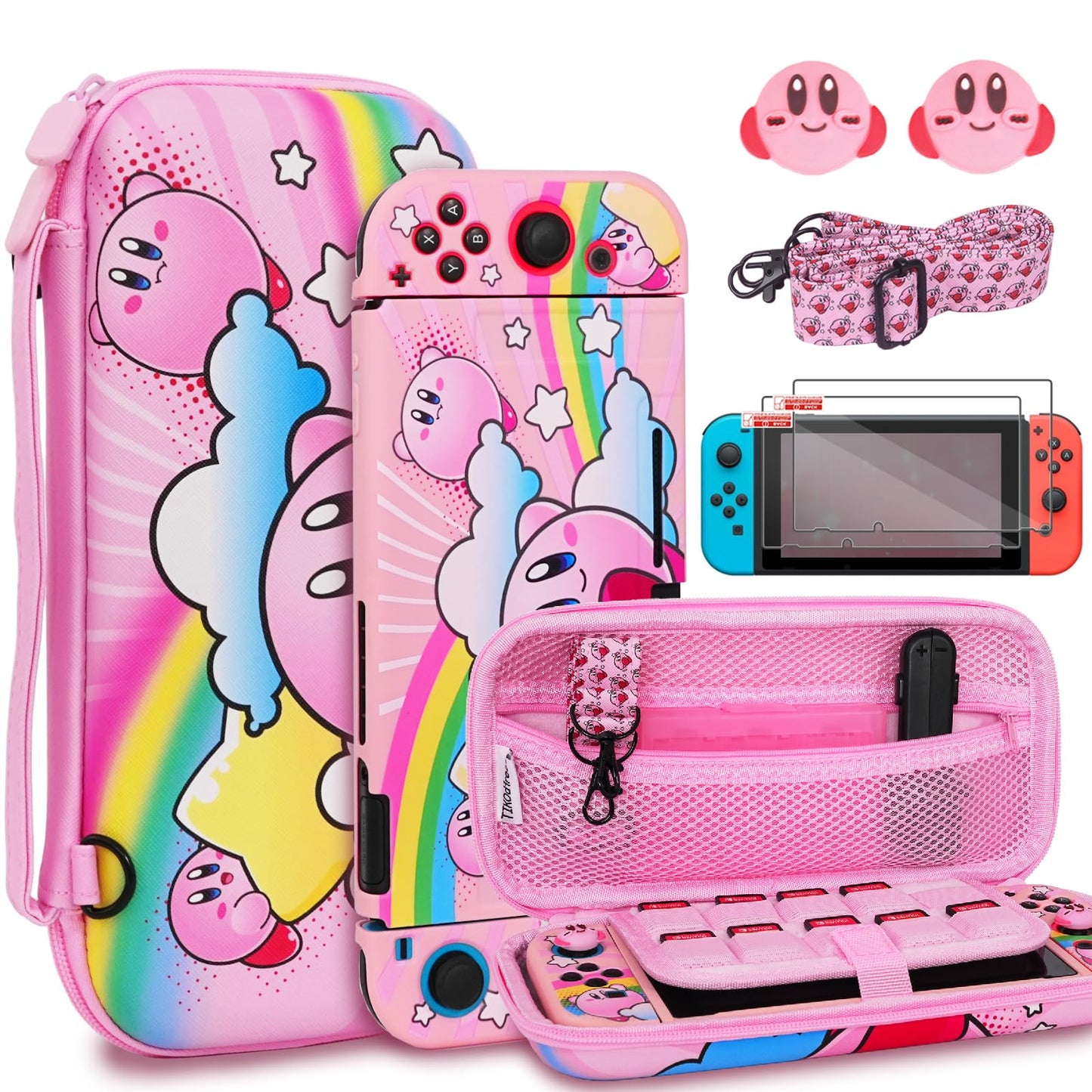 TIKOdirect Carrying Case for Switch  Cute Portable Accessories Bundle 5 in 1 of Pink Interior with Soft Protective Case  Screen Protectors and Thumb Grip caps  Pink