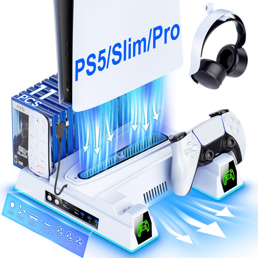 PS5 Pro/Slim/PS5 Stand and Cooling Station with Controller Charging Dock for Playstation 5 Disc Digital  PS5 Accessories Kit Incl. 3 Levels 2.36in Cooling Fan  11 Game Slot  USB  LED  Headset Holder