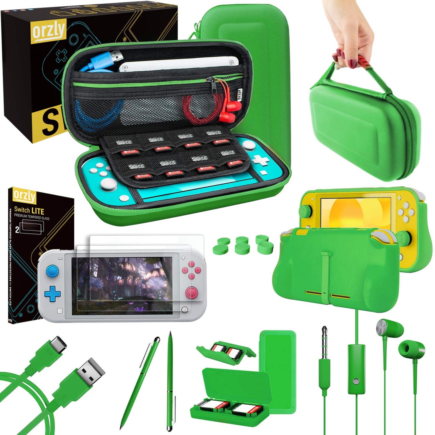Orzly Nintendo Switch Lite Accessories Bundle - Case, Screen Protector, USB Cable, Games Holder, Green, Model 9ORZPACK