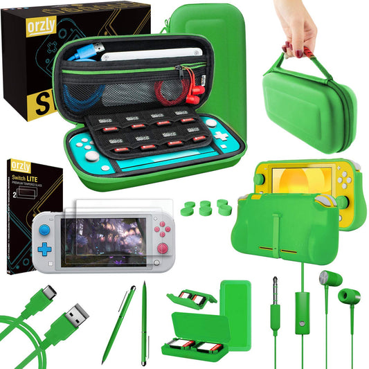 Orzly Nintendo Switch Lite Accessories Bundle - Case, Screen Protector, USB Cable, Games Holder, Green, Model 9ORZPACK
