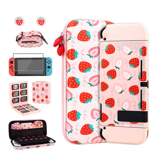 RHOTALL Cute Strawberry Carrying Case for Nintendo Switch  Hard Portable Tpartyl Case for Switch Accessories with Protective Shell  Shoulder Strap  Game Card Case  Screen Protector and 2 Thumb Caps
