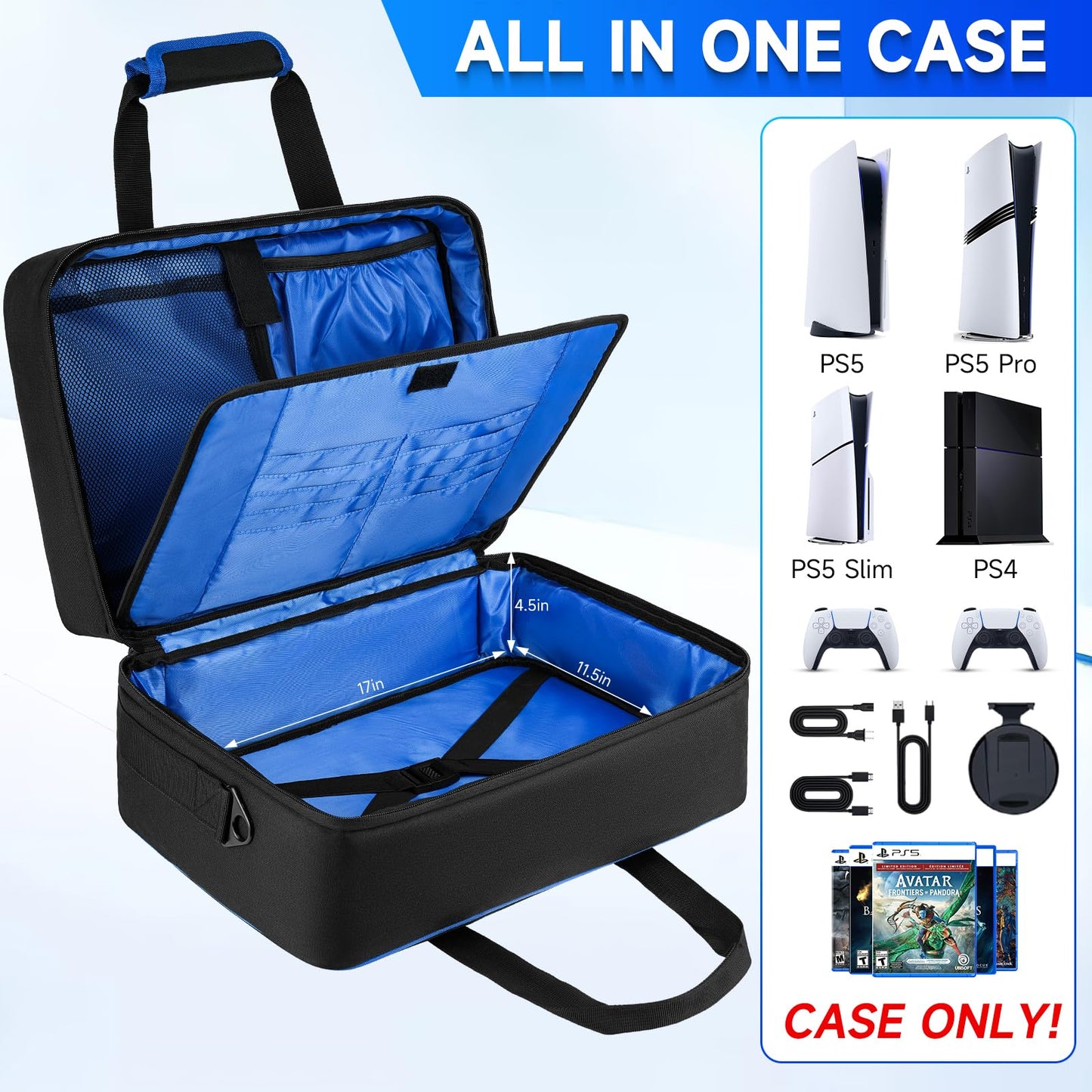 LEFOR·Z PS5 Carrying Case - 17 Pockets Travel Storage Bag, Thick Padding, Black/Blue