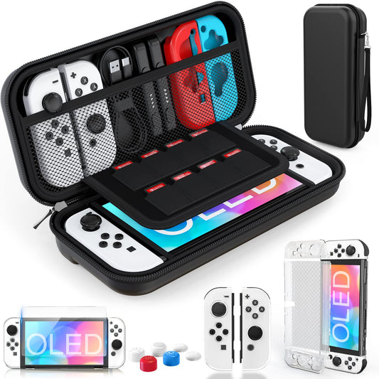 HEYSTOP Switch OLED Case - 9 in 1 Accessories for Nintendo Switch OLED Model 2021, Black, Silicone Tempered Glass, Model BP8