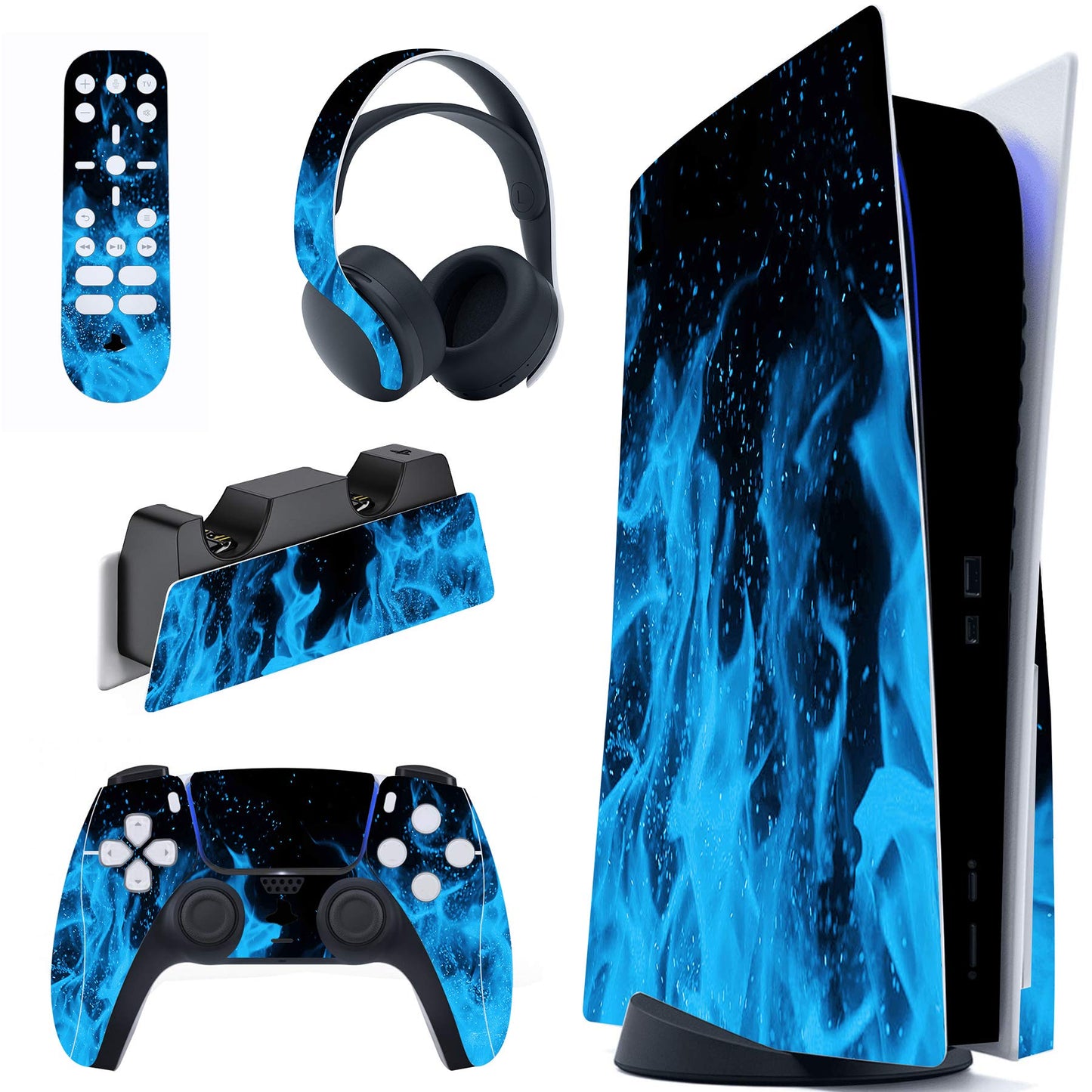 PlayVital Blue Flame Full Set Skin Decal for ps5 Console Disc Edition  Sticker Vinyl Decal Cover for ps5 Controller & Charging Station & Headset & Media Remote