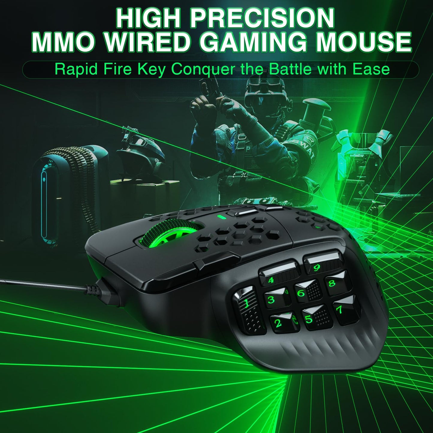 CORBOBO SM809 Wired MMO Gaming Mouse - 24000 DPI, 9 Side Buttons, Ergonomic Design, Large Size, Black