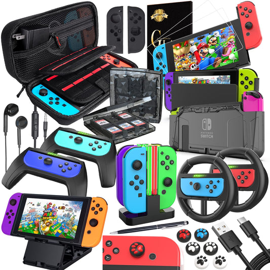 Deruitu Switch Accessories Bundle Compatible with Nintendo Switch  Kit with Carrying Case  Screen Protector  Compact Playstand  Game Case  Joystick Cap  Charging Dock Steering Wheel  (18 in 1)